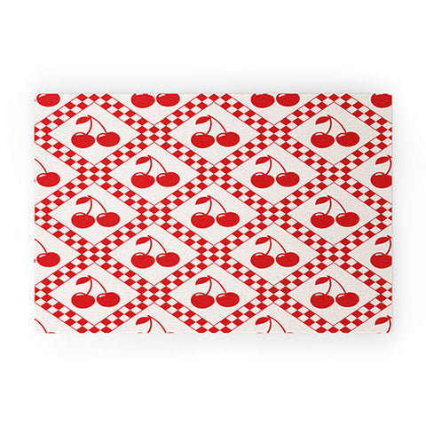 thespacehouse Red Cherries Beige Checker Welcome Mat