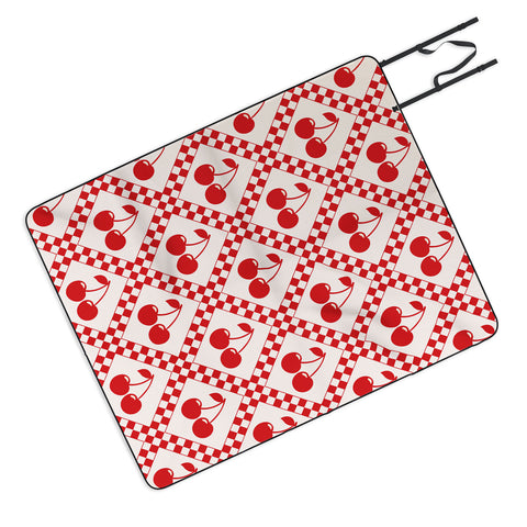 thespacehouse Red Cherries Beige Checker Picnic Blanket