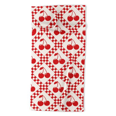 thespacehouse Red Cherries Beige Checker Beach Towel