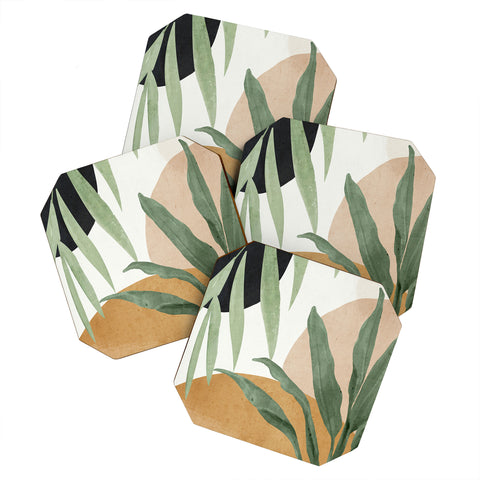 ThingDesign Abstract Art Tropical Leaves 4 Coaster Set