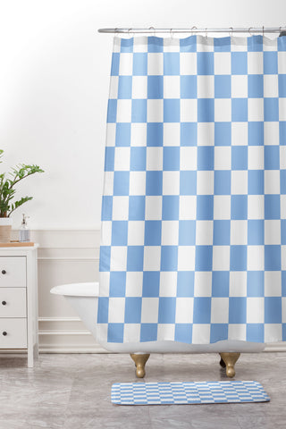 Tiger Spirit Checkerboard Light Blue Shower Curtain And Mat