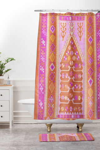 Tiger Spirit Persian Rug Orange and Pink Shower Curtain And Mat