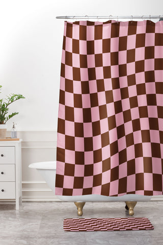 Tiger Spirit Retro Brown and Pink Checkerboard Shower Curtain And Mat