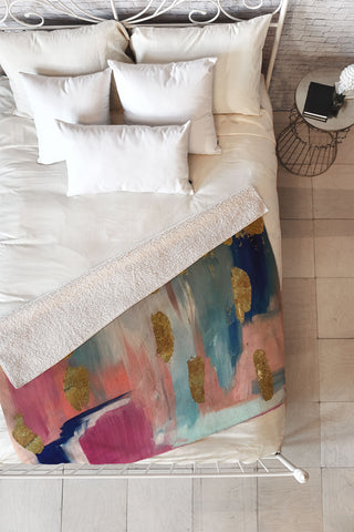 Tina Salazar Gold Leaf Indigo Blue Abstract Fleece Throw Blanket
