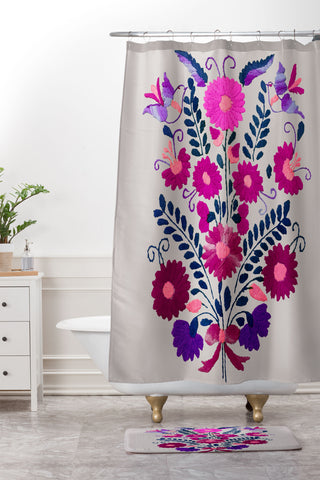 Tina Salazar Mexican Bird Motif Gray Shower Curtain And Mat