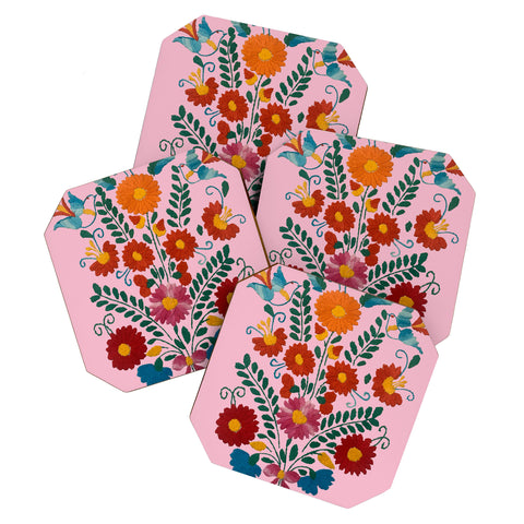 Tina Salazar Mexican Blue Birds in Pink Coaster Set