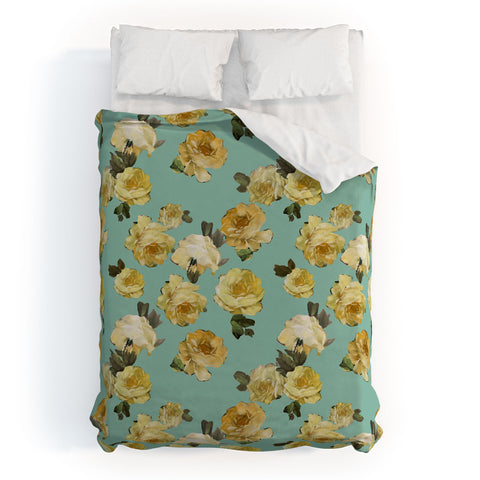 Tina Salazar Yellow Roses in Sage Green Duvet Cover