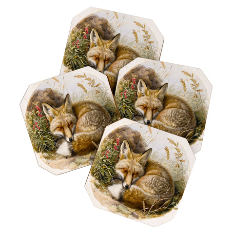 trajeado14 Fox Sleeping Vintage Illustration Coaster Set