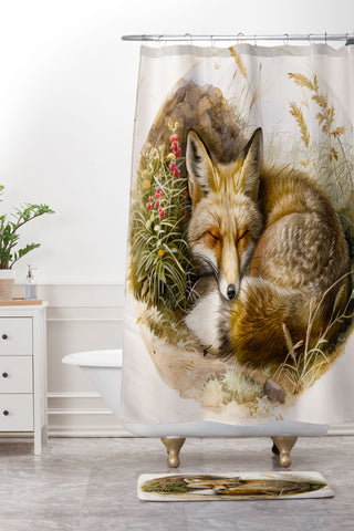 trajeado14 Fox Sleeping Vintage Illustration Shower Curtain And Mat