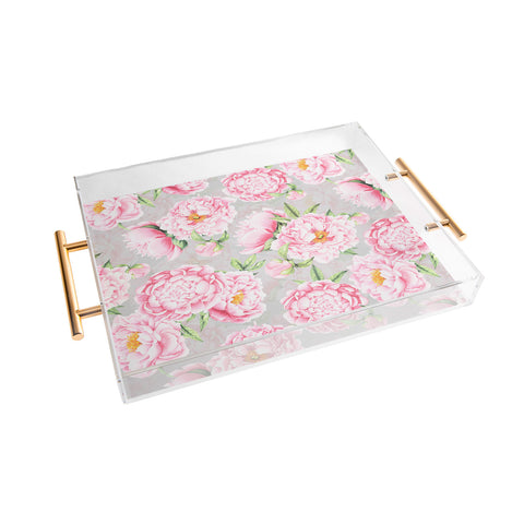 UtArt Hygge Blush Pink Peonies Pattern on Gray Acrylic Tray