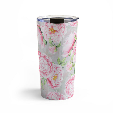 UtArt Hygge Blush Pink Peonies Pattern on Gray Travel Mug