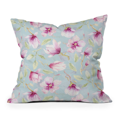 UtArt Hygge Hand Painted Watercolor Magnolia Blossoms Outdoor Throw Pillow