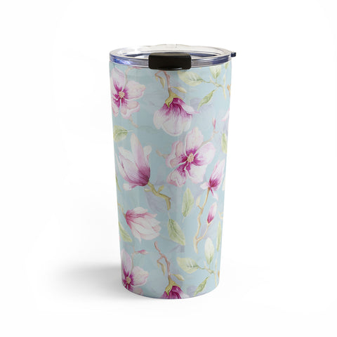 UtArt Hygge Hand Painted Watercolor Magnolia Blossoms Travel Mug