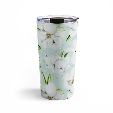 UtArt Hygge Magnolia Watercolor Pastel Flowers Travel Mug