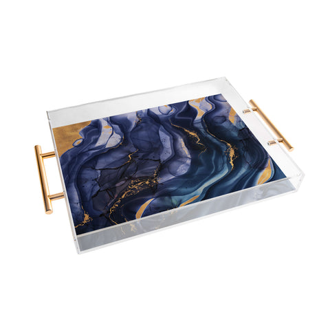 UtArt Midnight Dark Blue Marble Alcohol Ink Marble Art Flashes Acrylic Tray