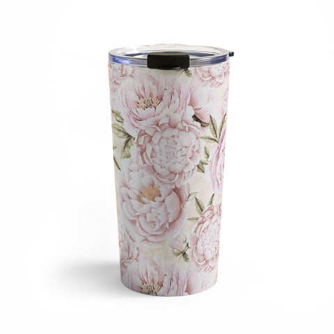 UtArt Pastel Blush Pink Spring Watercolor Peony Flowers Pattern Travel Mug