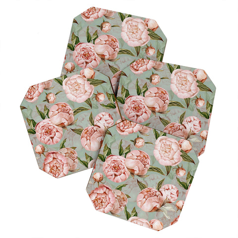 UtArt Peach Peonies Watercolor Pattern on Teal Sepia Coaster Set