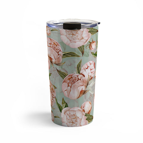UtArt Peach Peonies Watercolor Pattern on Teal Sepia Travel Mug
