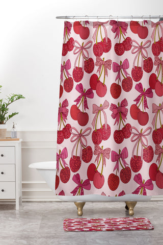 Valentina Ramos Cherries with bows pattern Shower Curtain And Mat