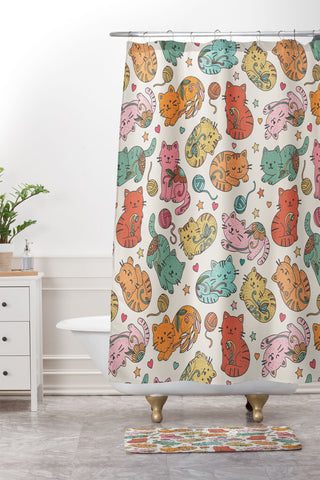 Valentina Ramos Floral Cats and Yarn Shower Curtain And Mat
