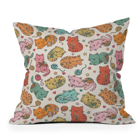 Valentina Ramos Floral Cats and Yarn Outdoor Throw Pillow