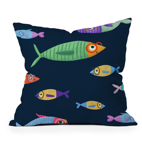 Valeria Frustaci Multicolor fishes blue Outdoor Throw Pillow