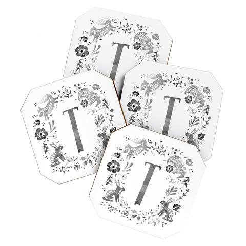 Wonder Forest Folky Forest Monogram Letter T Coaster Set