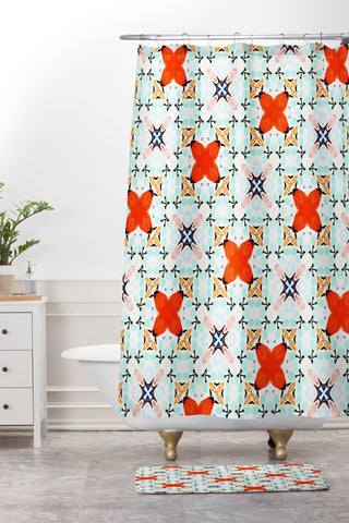 83 Oranges Blue Mint and Red Pop Shower Curtain And Mat