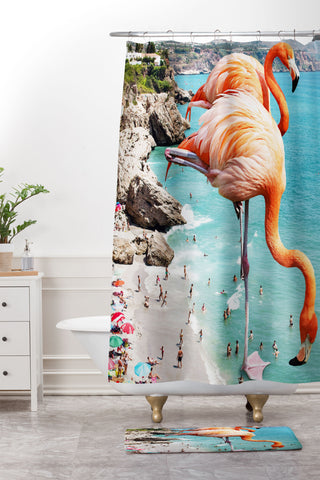 83 Oranges Flamingos on the Beach Wildlife Shower Curtain And Mat