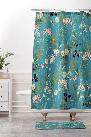 83 Oranges Teal Botanical Garden Shower Curtain And Mat