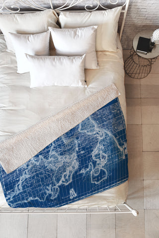 Adam Shaw World Map Blueprint Fleece Throw Blanket