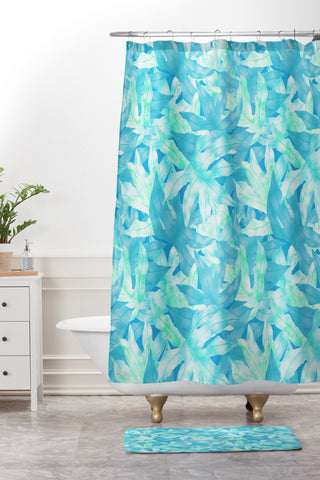 Aimee St Hill Aqua Leaves Shower Curtain And Mat