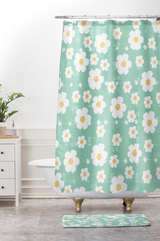 Ali Benyon Aqua Daisy Shower Curtain And Mat