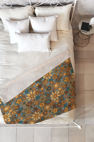 Alisa Galitsyna Cyan Retro Bloom Fleece Throw Blanket