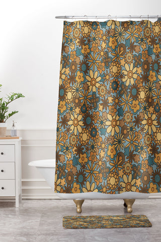 Alisa Galitsyna Cyan Retro Bloom Shower Curtain And Mat