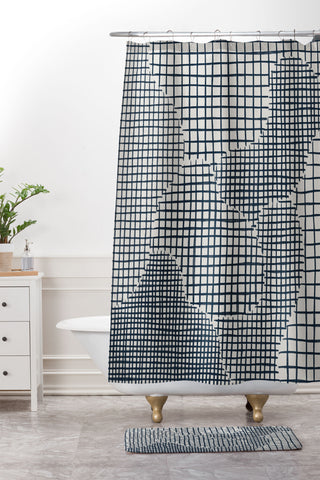 Alisa Galitsyna Dark Blue Grid Pattern Shower Curtain And Mat