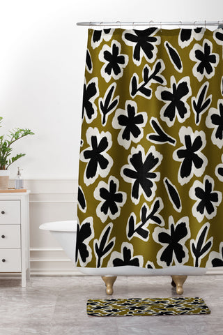 Alisa Galitsyna Florals on Olive Background Shower Curtain And Mat