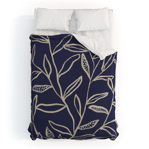 Alisa Galitsyna Navy Blue Patterned Leaves Duvet Cover