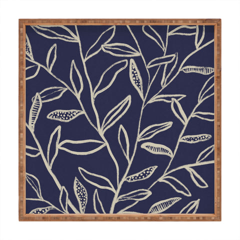 Alisa Galitsyna Navy Blue Patterned Leaves Square Tray
