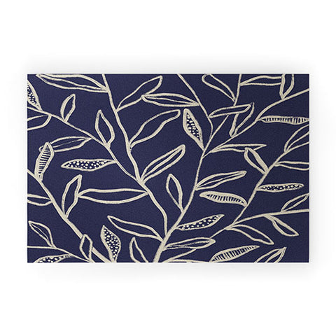 Alisa Galitsyna Navy Blue Patterned Leaves Welcome Mat