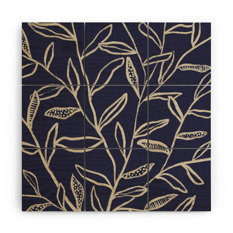 Alisa Galitsyna Navy Blue Patterned Leaves Wood Wall Mural