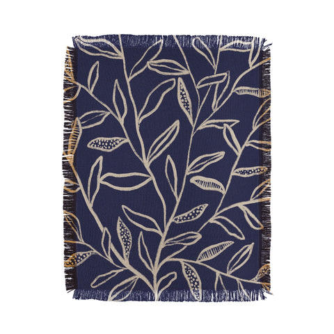 Alisa Galitsyna Navy Blue Patterned Leaves Throw Blanket