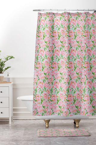 alison janssen Pink Summer Roses Shower Curtain And Mat