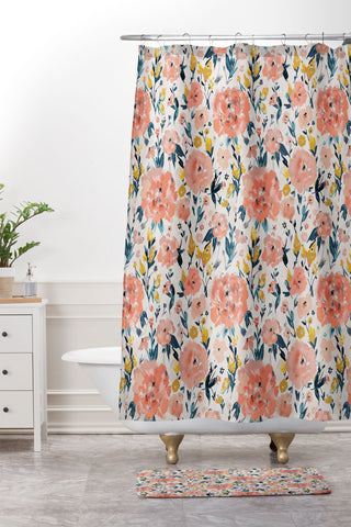 alison janssen Tropical Coral Floral Shower Curtain And Mat