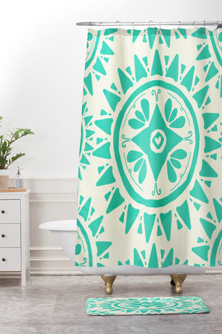 Allyson Johnson Boho Medallion Bright Teal Shower Curtain And Mat
