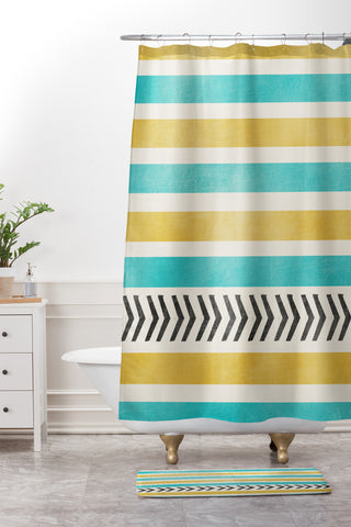 Allyson Johnson Green And Blue Stripes And Arrows Shower Curtain And Mat