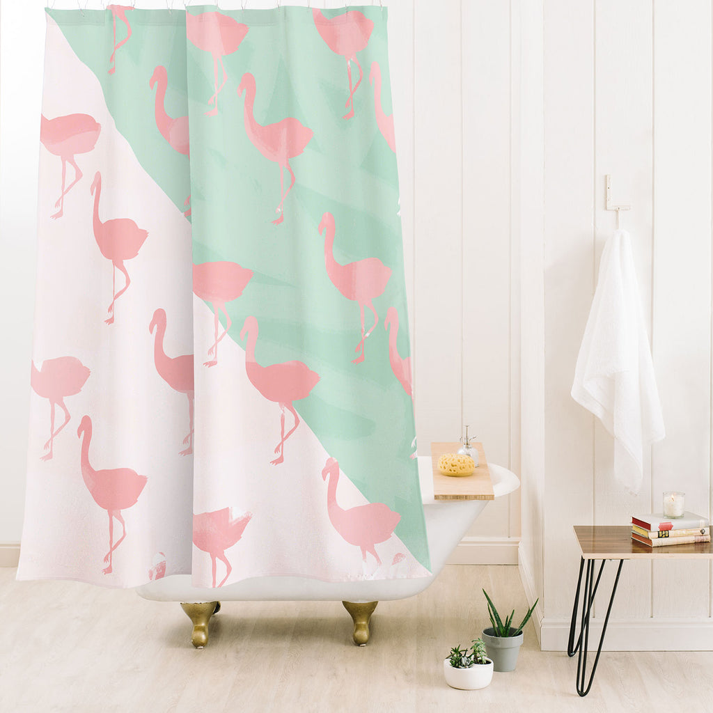 Pink Shower Curtain With Flamingo Design 71x71 Inches