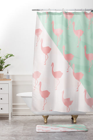 Allyson Johnson Palm Spring Flamingos Shower Curtain And Mat