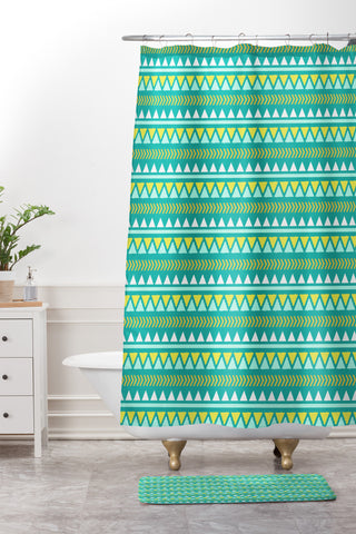 Allyson Johnson Teal And Yellow Aztec Shower Curtain And Mat