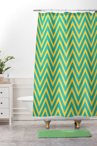 Allyson Johnson Teal Chartreuse Chevron Shower Curtain And Mat